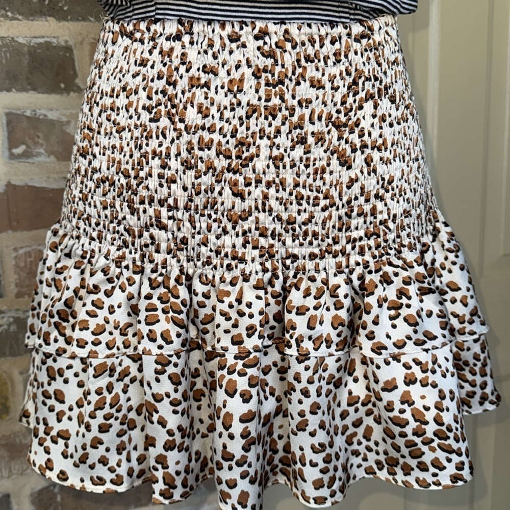 NWT Glam Smocked Layered Ruffle Skirt Satin Flouncy Leopard Animal Print Size S - Picture 2 of 12